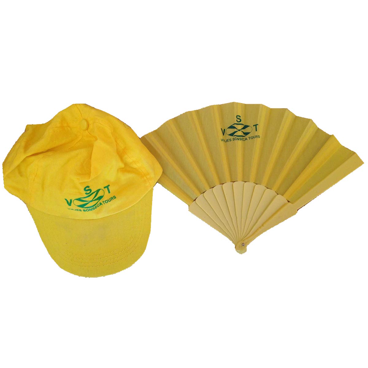 abanico y gorra amarilla con logo en verde sonseca tours jac publicidad